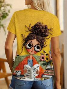 Áo thun in hình cô gái dễ thương đang đọc sách, áo thun cổ tròn tay ngắn dáng casual dành cho nữ, trang phục mùa xuân và hè. - Màu vàng - Xem 2