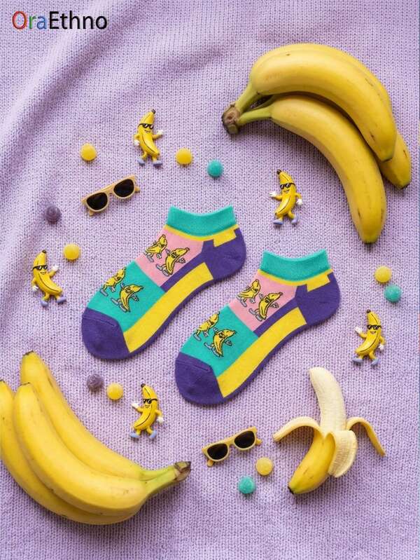 1 Pair Of Men's Funny Dancing Banana Theme (With Cartoon Banana Character Patterns) Color Block Printed Contrasting Color Sweat Absorbing And Odor Proof Soft, Comfortable, Novel, Interesting, And Lightweight Ankle Socks, Fun Gifts For Men's Fathers, Sons, Grandfathers, Husbands, Boyfriends, Fruit Lovers On Birthday, Father's Day, Summer Parties, And Themed Events. The Best Dad/Grandpa/Gift For Sons' Wives, Daughters, And Girlfriends' Fun Fruit-Themed Gifts, Spring & Summer Sock