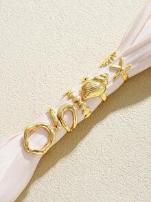 17KM 5pcs Boho Style Starfish & Seashell Design Ring Set, Suitable For Women, Couples, Sisters, Beach, Vacation, Date, Daily, Party, Wedding, Gift For Mom, Friend - Yellow Gold - View 7