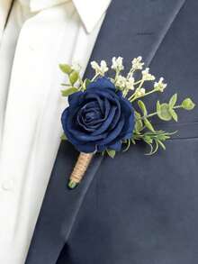 6枚/1枚公主玫瑰花胸针，配白色满天星和人造绿叶，浪漫男士翻领别针，适合婚礼、派对、日常佩戴、情人节配饰 - 藏蓝色 - 查看 1