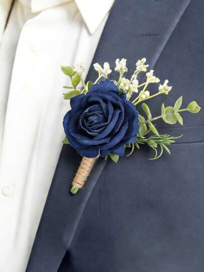 6 piezas/1 pieza Broche de flor de rosa de princesa con respiración de bebé blanca y follaje artificial, pasador de solapa romántico para hombres, adecuado para bodas, fiestas, uso diario, accesorio del Día de San Valentín