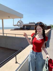 New Spring/Summer Skin-Friendly Modal Fitted T-Shirt With Contrast Bow Tie Detail, Flattering Red Top - Red - View 5