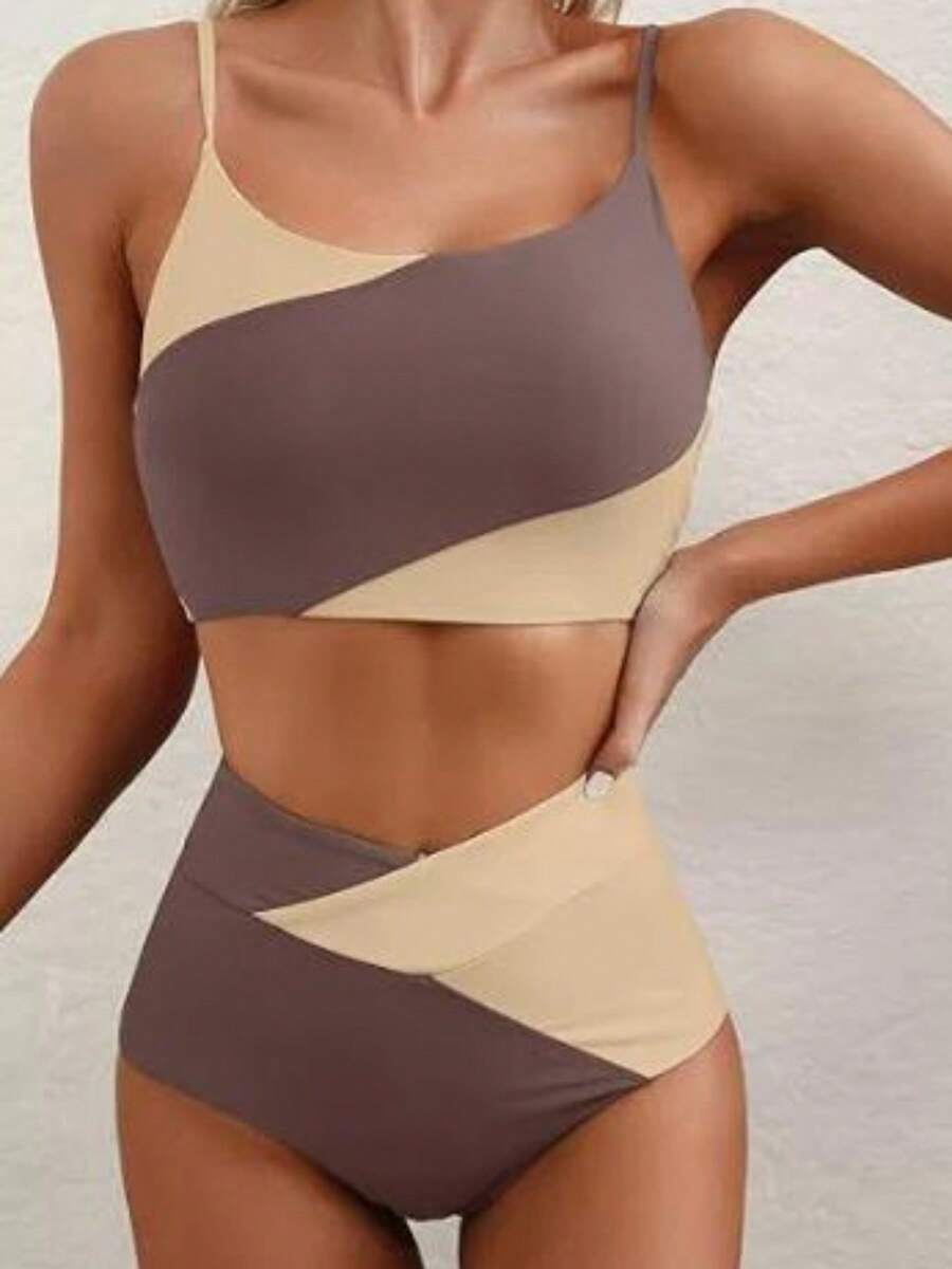 Women's Two Piece Bathing Suits Sleeveless Contrast Color Cami Tops High Waist Thong Sets - Coffee Brown - View 1