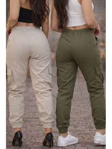 Stillger Moda Jeans Kit 2 Women's Cargo Jeans Jogger High Waist Butt Lifting Premium Pants With Lycra Side Pockets - 米色和深綠色 - 查看 3