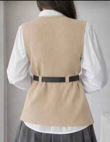 2-Piece Set: Long-Sleeved Dress Shirt + Ribbed Knit Vest With Side Slit And Belt - 米色 - 查看 2