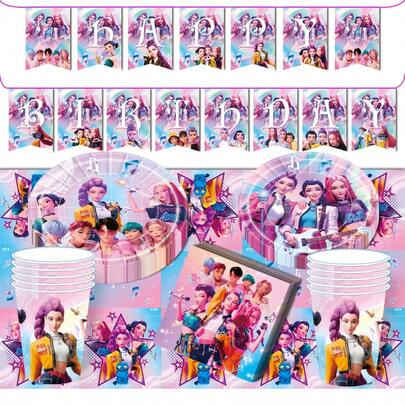Vajilla desechable autorizada con temática de grupo femenino de K-pop coreano en rosa y morado, decoraciones de vajilla para fiesta con temática de festival de música K-POP, adecuado para decoraciones de vajilla desechable con temática de grupo femenino de ídolos de K-pop
