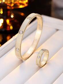 1 Set Minimalist Striped Micro-Inlaid Zirconia Bracelet & Ring Set, Luxury Niche Design Delicate Jewelry Accessories - Bracelet Ring Set - View 8