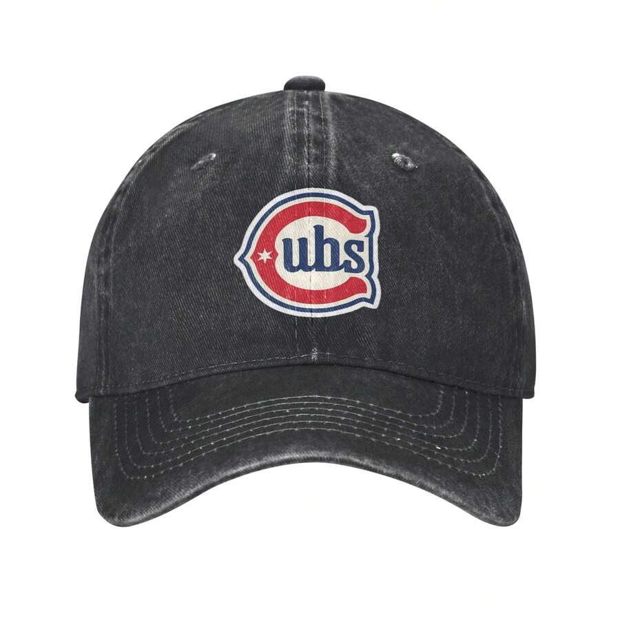 Chicago Cubs Logo Washed Denim Baseball Cap For Adults, Adjustable Baseball Cap Cotton Denim Dad Hat - 黑色 - 查看 1