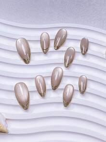 10pcs Handmade Almond-Shaped Metal Edged Nail Stickers, French Manicure Design, Champagne Cat Eye Effect. Minimalist Multi-Purpose Design, Fashionable And Elegant, Suitable For Any Occasion. Nail System, Easy To Wear And Remove. - Gold - View 4