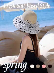 1pc Polka Dot Mesh Bow Straw Hat, Women Large Brim Sun Protection Hat, Foldable Beach Vacation Sun Hat, Spring/Summer - A - View 7
