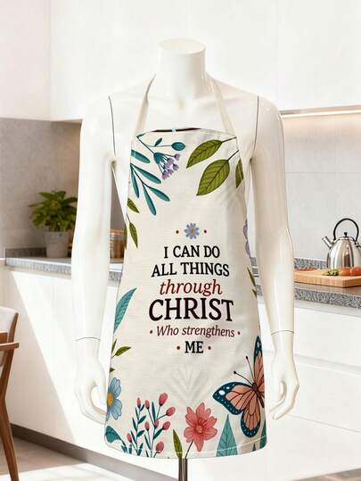 1pc Floral Theme Cooking Apron, Milky White Background With Floral, Butterfly And English Text Patterns, Size 55*68cm, Halter Design, Suitable For Spring, Daily Cooking, Baking, Parties