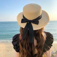 Bow Knot Frayed Flat Top Straw Hat, Women Summer Beach Holiday Japanese Hawaii Sun Woven Sun Hat, Boho Bowknot - Straw Hat - View 5