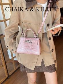 New Summer Lychee Pattern Fashion Women's Handbag, Stylish Adjustable Shoulder Strap Decoration, Minimalist Solid Color High-End Hardware Decor Commuter Shoulder Bag - Pink - View 10