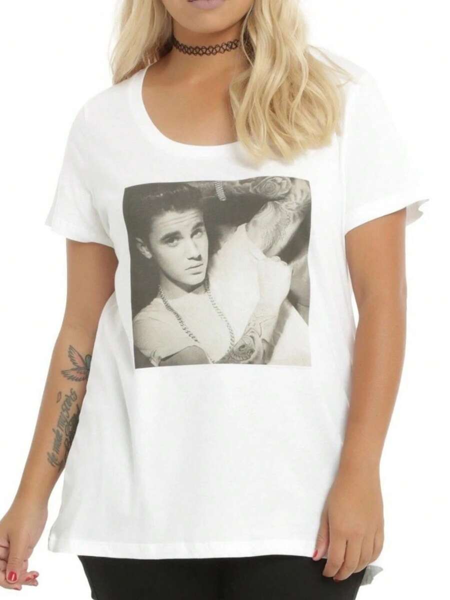 Justin Biebe Black-And-White Photo Print T-Shirt - trắng - Xem 1
