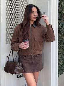 女士咖啡棕色夹克，PU领，长袖，前拉链口袋，街头风宽松休闲春秋外套 - 咖啡棕 - 查看 11