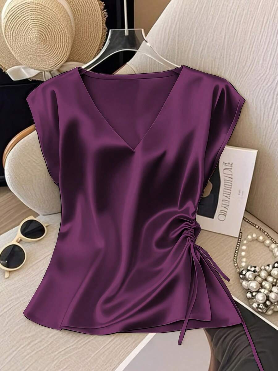 Women's Solid Color Satin V-Neck Ruched Summer Elegant Blouse - Màu tím - Xem 1