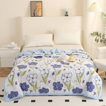 1 pieza Edredón de verano con estampado floral azul, estilo lindo y dulce de poliéster, edredón de verano fresco y transpirable, adecuado para dormitorio, hogar, siesta, dormitorio, hotel y casa de huéspedes