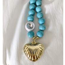 Beaded Chunky Multilayer Women Natural Turquoise Necklace, Fashion Dinosaur Crystal Stone Big Heart Charm Pendant, Hypoallergenic Collarbone Neck Chain Jewelry - Turquoise - View 8