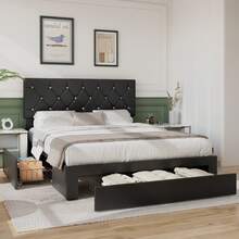 VECELO Modern Faux Leather Double Bed Frame With Storage Drawers, Adjustable Headboard, Tufted Platform Upholstered Bed - Black - View 9