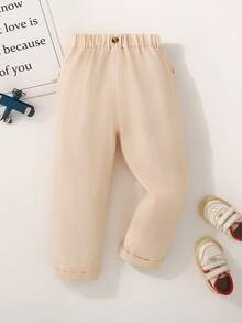 Young Boy Solid Color Button Straight Leg Long Pants, Casual Minimalist Preppy Style Back To School Trousers - Apricot - View 3
