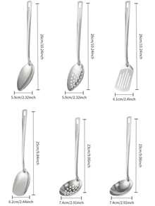 6pcs Stainless Steel Buffet Serving Utensils Set, Includes Soup Ladle & Serving Spoon, Suitable For Self-Service Meals, Banquets, Home, Hotel, School, Parties - Multicolor - View 2