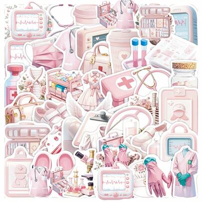 50pcs Pink Medical Doodle Stickers, Decorative For Water Bottle, Notebook, Envelope, Creative Medical Sticker Decals