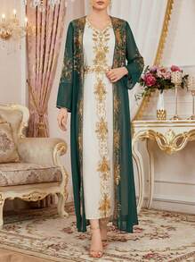 Conjunto de 2 piezas de vestido elegante modesto de manga larga con perlas brillantes, estilo kaftan árabe para mujer - Verde - Ver 2