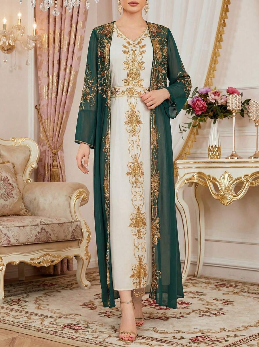 Conjunto de 2 piezas de vestido elegante modesto de manga larga con perlas brillantes, estilo kaftan árabe para mujer