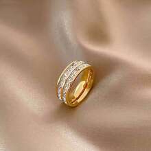 1入組高端不褪色不掉期 Cz 鑲嵌滿星單 / 雙排鑽石指環,時尚百搭適用於情侶,四季皆宜 - 雙圈金色 - 查看 15