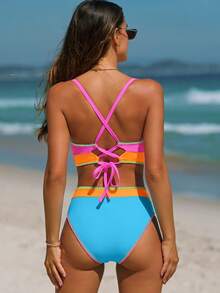 popvil Women 3PCS Colorblock Bikini Set Cross Back Tie Back High Waisted Swimwear With Skirt For Summer Vacation - Multicolor - View 3