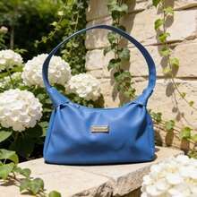 1pc Solid PU Underarm Shoulder Bag, Simple Metal Plate Decor Hobo Purse, Soft & Versatile PU Handbag For Women, Daily Use - Blue - View 7