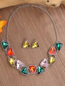 3PCS Vintage Geometric Triangle Necklace, Unique Exaggerated Luxurious Jewelry Set, Evening Dress Accessories, Earrings - 綠色 - 查看 7