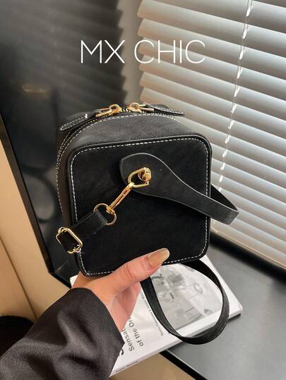 1个女士纯色复古PU方形手提包，单肩斜挎包，适合购物和送礼