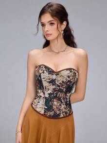 Vintage Oil Painting Jacquard Bandeau Crop Top, Heart Neckline Front Button Design, Fishbone Shaping Cinched Waist Sexy Blouse - Brown - View 6