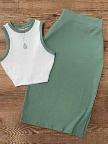Conjunto de 2 piezas de camiseta sin mangas y falda larga de unicolor con ribete de contraste en estilo vintage elegante para resort, primavera/verano - Blanco y verde - Ver 8