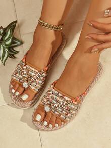 1 Đôi sandal đế bệt họa tiết hoa Paisley phong cách boho đính hạt kim loại, thời trang nghỉ dưỡng nhiệt đới, món quà mùa hè hoàn hảo - trái cam - Xem 2