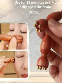 2pcs Solid Brass Facial Massage Tools | Lotus Shaped Facial Gua Sha Tools, Acupressure Massager For Face And Eyes, Skincare, Wooden Facial Massager, Facial Beauty, Eye Massage, Acupressure And Skincare - Brown - View 10