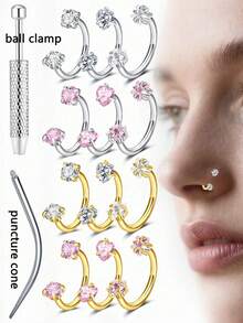 Bộ 4 khuyên mũi gồm [2 khuyên mũi + 1 dụng cụ nong lỗ xỏ + 1 dụng cụ gắp bi]. Khuyên mũi hình móng ngựa bằng thép không gỉ, đính đá Cubic Zirconia 3mm, dành cho nữ. Khuyên mũi cỡ 18G với các hình trái tim, ngôi sao và hình tròn. Thích hợp cho môi, lông mày, vành tai, hình móng ngựa, vách ngăn mũi và các vị trí xỏ khuyên khác. Đá Cubic Zirconia màu trắng và hồng. - Nhiều màu - Xem 2