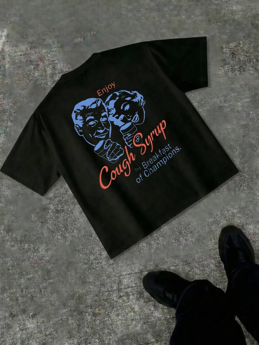 Retro Humor "Cough Syrup: Breakfast Of Champions" Graphic T-Shirt, Vintage Pop Art Inspired Short Sleeve Tee, Bold Streetwear For Urban Style And Everyday Wear - màu đen - Xem 1
