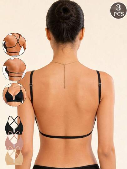 Lilivine Set de 3 piezas de sujetador sin espalda, sujetador sin tirantes, sujetador sexy para el verano, lencería nupcial, 3 opciones de tirantes, sin costuras y transpirable, con tirantes ajustables, ligero y cómodo, adecuado para boda, vestido formal, vestido de tirantes finos