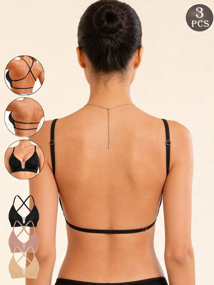 Lilivine 3件套女士无痕露背文胸，无肩带文胸，夏季性感文胸，新娘内衣，3种肩带可选，无缝透气，可调节肩带，轻盈舒适，适合婚礼、正式礼服、吊带裙等场合。 - 彩色 - 查看 1