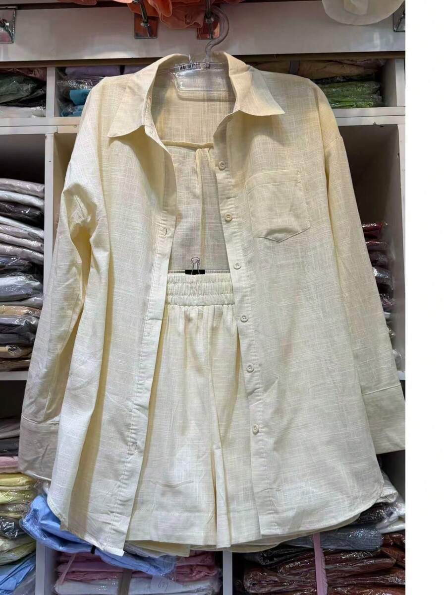 Linen Shirt And Shorts Set (2 Pieces), Lined With Elastic. - Champagne - View 1