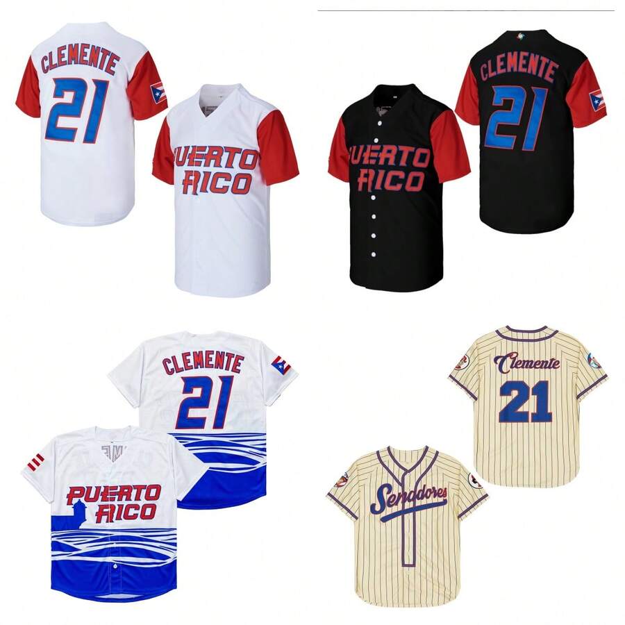 Men's Puerto Rico #21 Clemente World Game Classic Embroidery Terylene Baseball Jersey Uniform Athletic Clothing Sports Apparel - 藍白色 - 查看 1