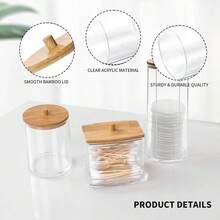 1/3 cajas de hisopos con tapas de bambú, caja de hisopos circular de plástico a prueba de polvo, frasco de almacenamiento transparente para bastoncillos, joyas, borlas de maquillaje, desmaquillante, hilo dental, huevos de belleza, herramientas de cuidado personal. Almacenamiento y organización del hogar, recipiente de almacenamiento cosmético para suministros de baño - transparente - Ver 4