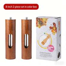 2pcs Acacia Wood Pepper Grinder Set, Acrylic & Solid Wood Transparent Pepper & Salt Grinder Bottles, Party Supplies, Home Dinner - Brown - View 13