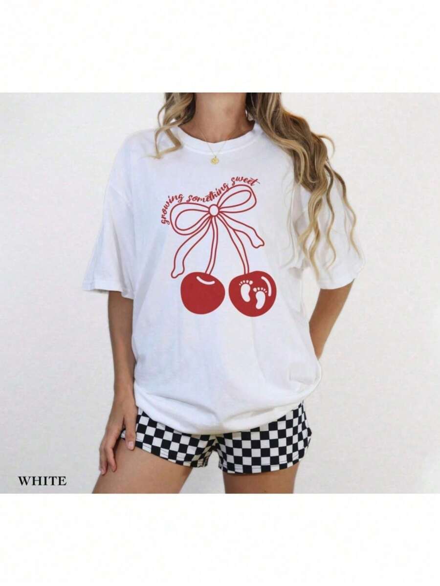 Women's T-Shirts Pregnancy Announcement Shirt Growing Something Sweet Coquette Cherries Pregnancy Reveal Growing A Tiny Human Mom To Be Gift Pregnancy Tee Comfort Colots Tshirt Oversized Tshirts For Women - 白色 - 查看 1