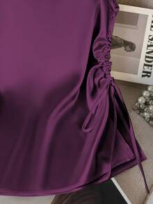 Women's Solid Color Satin V-Neck Ruched Summer Elegant Blouse - Màu tím - Xem 5