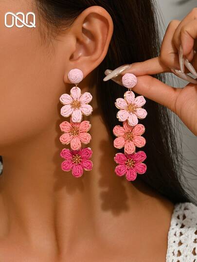 OOQ 1 Pair Handmade Woven Raffia Gradient Floral Earrings, Bohemian Summer Style, Minimalist Elegant Floral Tassel Earrings, Suitable For Women's Daily, Vacation, Party Wear