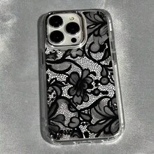 蕾絲極簡黑色合金時尚 TPU 1件裝黑色蕾絲花朵金屬框架 TPU 手機殼，適用於 Apple 17 16 15 14 13 12 11 XS XR X 8 7 Plus Pro Max 系列，個性化 INS 風格防護套，極簡商務防摔高端手機殼 春季禮物派對 - 多色3 - 查看 4
