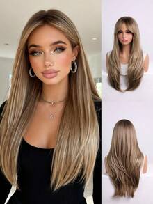 Trending 20inchLong Layered Ash Blonde Highlight Synthetic Wig With Middle Part, Natural Looking Straight Wig For Women, Daily & Party Wear - Camel - View 2